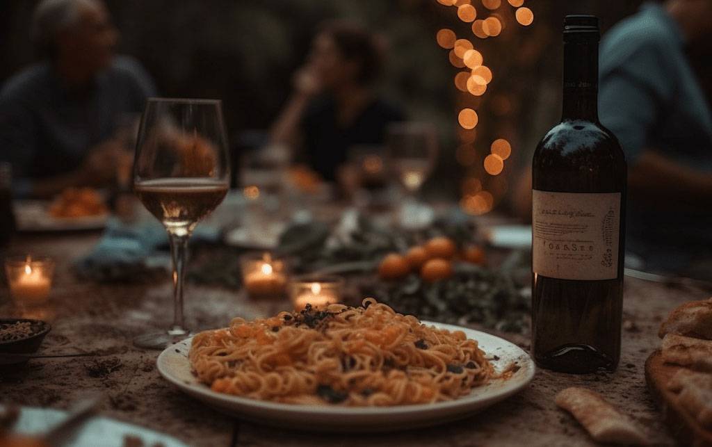 Plato de pasta, una copa de vino blanco y varios elementos sobre una mesa rústica
